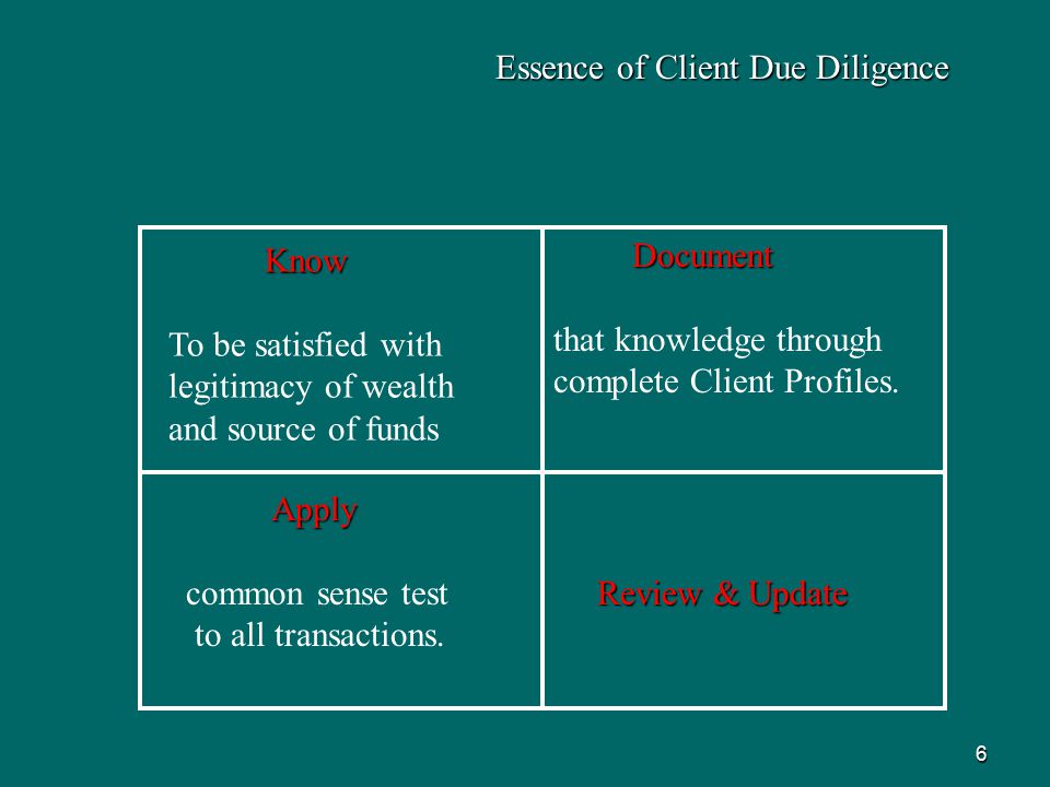 6 Essence of Client Due Diligence Document Document that knowledge through complete Client Profiles.