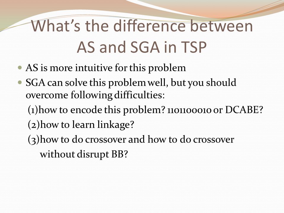 What’s the difference between AS and SGA in TSP AS is more intuitive for this problem SGA can solve this problem well, but you should overcome following difficulties: (1)how to encode this problem.