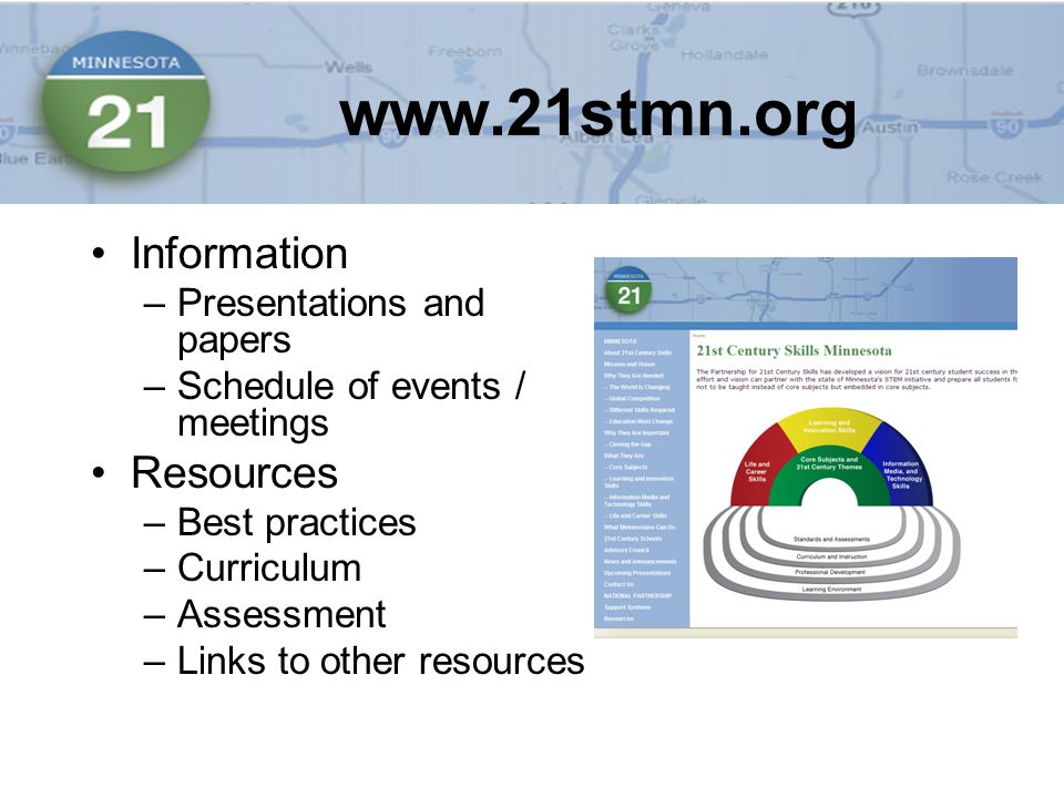 Information –Presentations and papers –Schedule of events / meetings Resources –Best practices –Curriculum –Assessment –Links to other resources