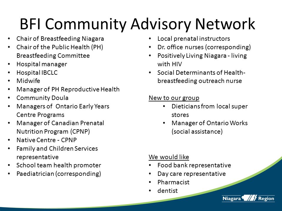 BFI Community Advisory Network Chair of Breastfeeding Niagara Chair of the Public Health (PH) Breastfeeding Committee Hospital manager Hospital IBCLC Midwife Manager of PH Reproductive Health Community Doula Managers of Ontario Early Years Centre Programs Manager of Canadian Prenatal Nutrition Program (CPNP) Native Centre - CPNP Family and Children Services representative School team health promoter Paediatrician (corresponding) Local prenatal instructors Dr.