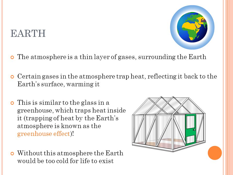 EARTH The atmosphere is a thin layer of gases, surrounding the Earth Certain gases in the atmosphere trap heat, reflecting it back to the Earth’s surface, warming it This is similar to the glass in a greenhouse, which traps heat inside it (trapping of heat by the Earth’s atmosphere is known as the greenhouse effect).