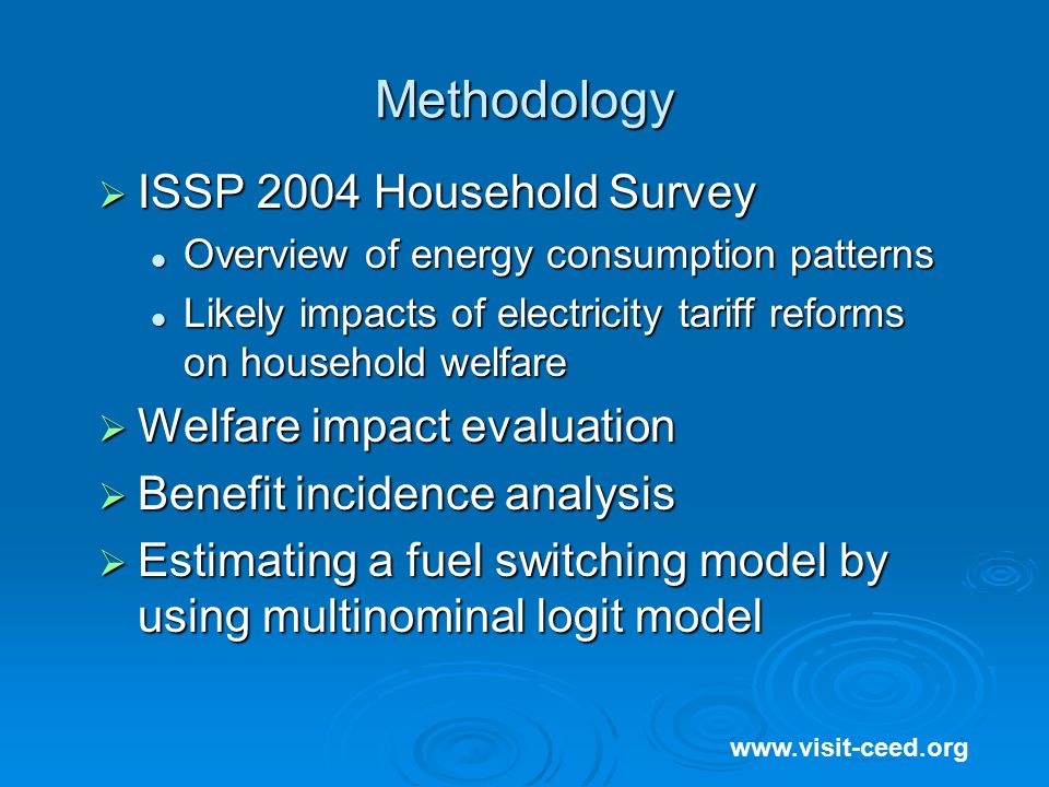 Methodology    ISSP 2004 Household Survey Overview of energy consumption patterns Overview of energy consumption patterns Likely impacts of electricity tariff reforms on household welfare Likely impacts of electricity tariff reforms on household welfare  Welfare impact evaluation  Benefit incidence analysis  Estimating a fuel switching model by using multinominal logit model