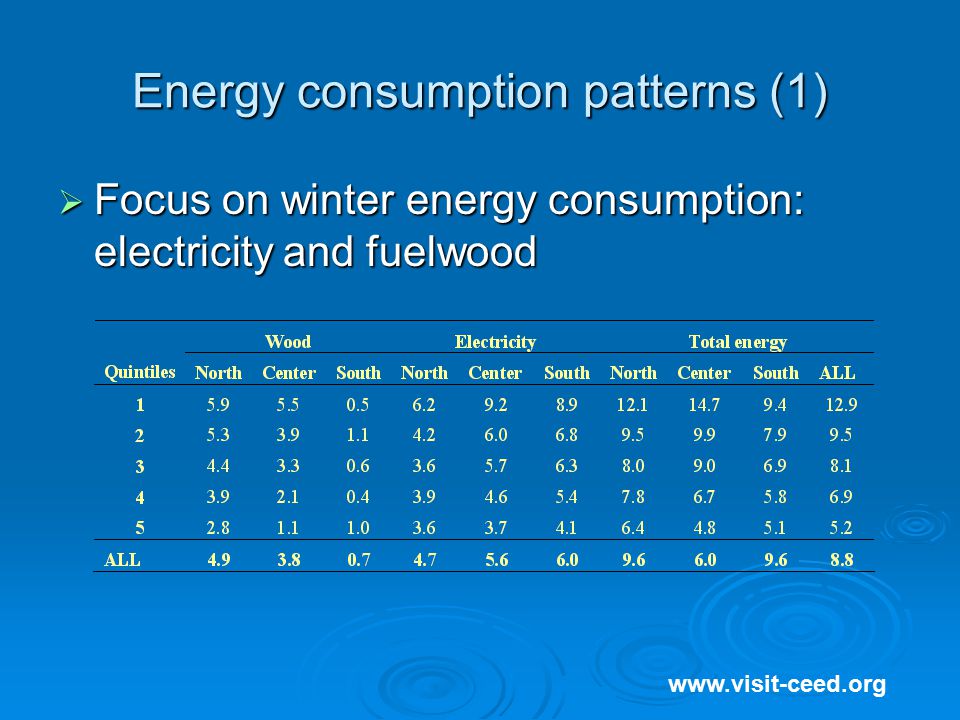 Energy consumption patterns (1)    Focus on winter energy consumption: electricity and fuelwood