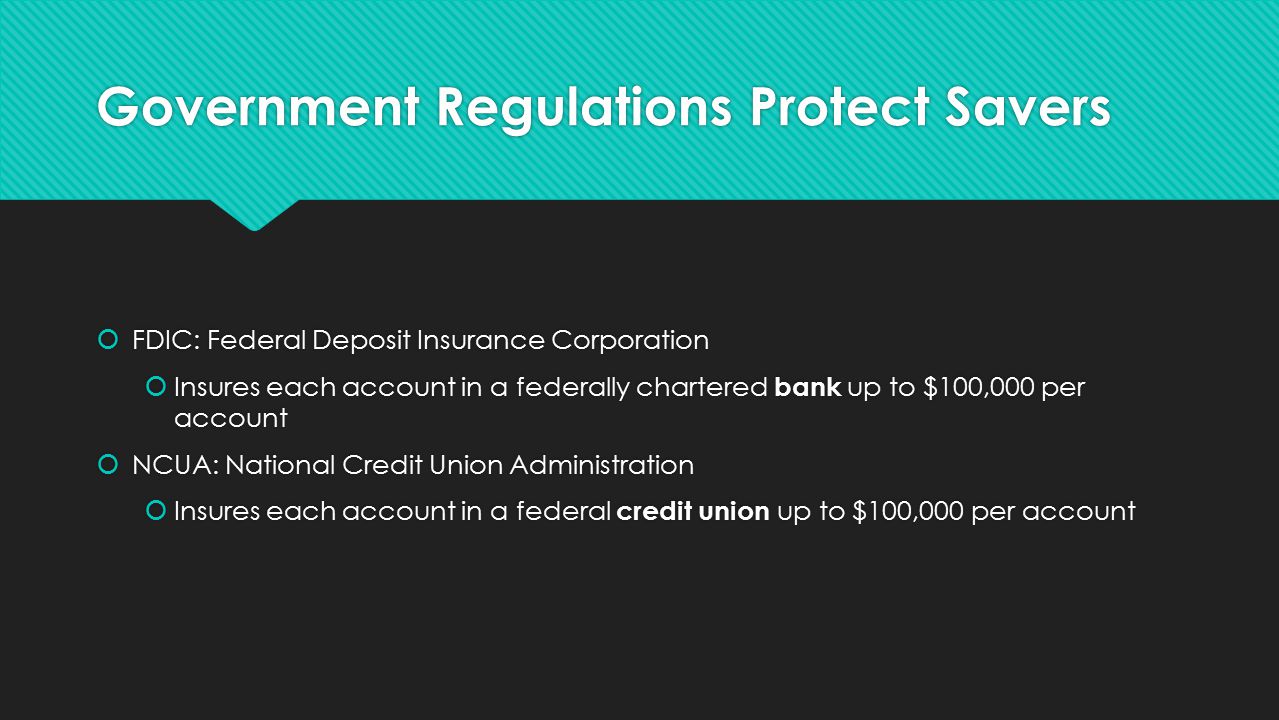 Government Regulations Protect Savers  FDIC: Federal Deposit Insurance Corporation  Insures each account in a federally chartered bank up to $100,000 per account  NCUA: National Credit Union Administration  Insures each account in a federal credit union up to $100,000 per account  FDIC: Federal Deposit Insurance Corporation  Insures each account in a federally chartered bank up to $100,000 per account  NCUA: National Credit Union Administration  Insures each account in a federal credit union up to $100,000 per account