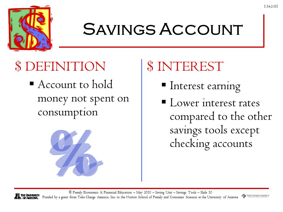 G1 © Family Economics & Financial Education – May 2010 – Saving Unit – Savings Tools – Slide 10 Funded by a grant from Take Charge America, Inc.
