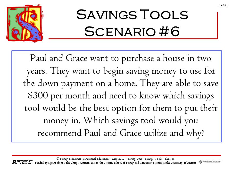 G1 © Family Economics & Financial Education – May 2010 – Saving Unit – Savings Tools – Slide 36 Funded by a grant from Take Charge America, Inc.