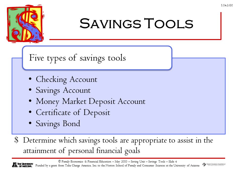 G1 © Family Economics & Financial Education – May 2010 – Saving Unit – Savings Tools – Slide 4 Funded by a grant from Take Charge America, Inc.
