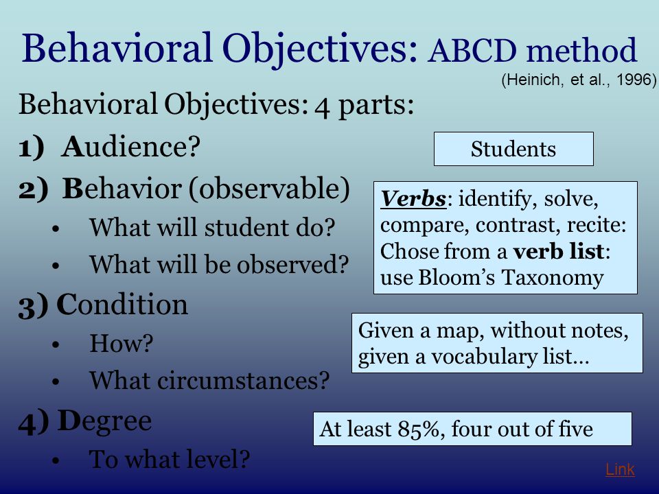 Writing a Lesson Plan Dr. Harland C&I 306. Behavioral Objectives: ABCD  method Behavioral Objectives: 4 parts: 1)Audience? 2)Behavior (observable)  What. - ppt download