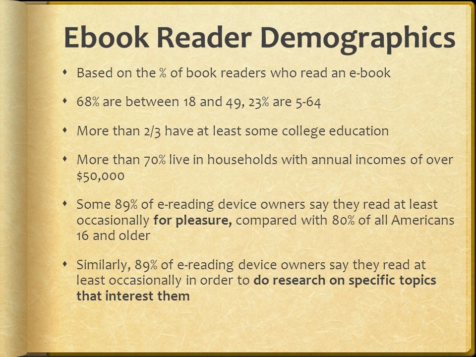Ebook Reader Demographics  Based on the % of book readers who read an e-book  68% are between 18 and 49, 23% are 5-64  More than 2/3 have at least some college education  More than 70% live in households with annual incomes of over $50,000  Some 89% of e-reading device owners say they read at least occasionally for pleasure, compared with 80% of all Americans 16 and older  Similarly, 89% of e-reading device owners say they read at least occasionally in order to do research on specific topics that interest them