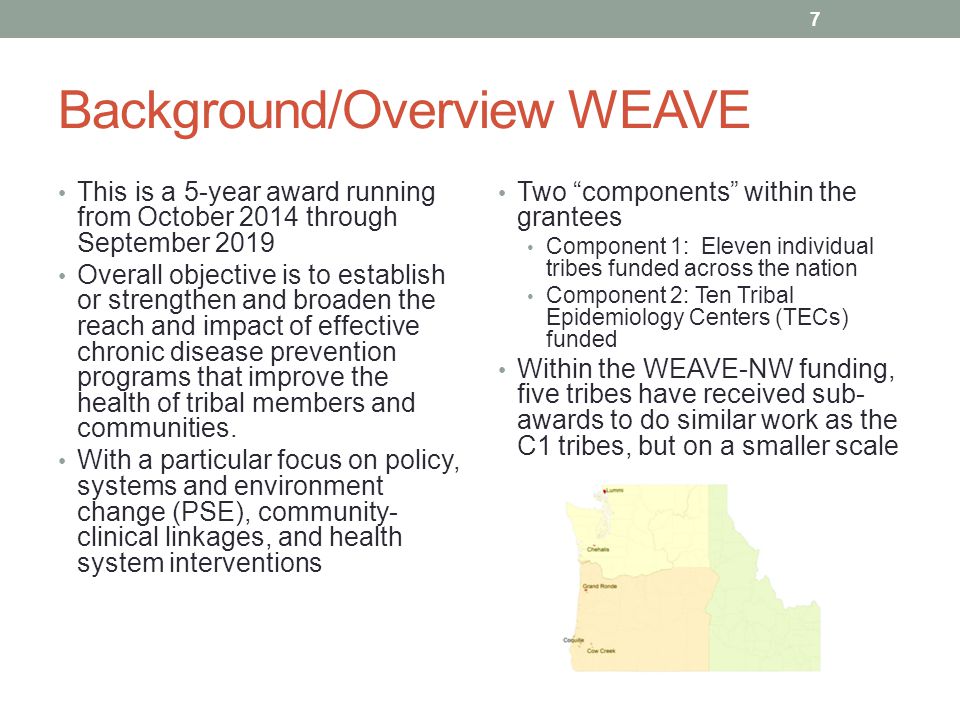 Background/Overview WEAVE This is a 5-year award running from October 2014 through September 2019 Overall objective is to establish or strengthen and broaden the reach and impact of effective chronic disease prevention programs that improve the health of tribal members and communities.