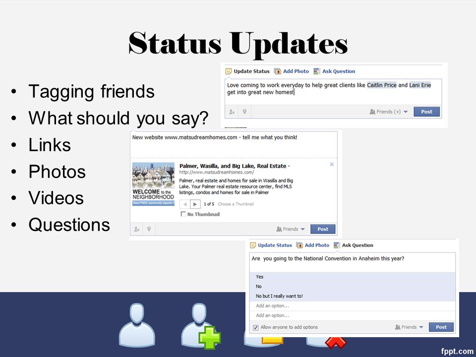 Status Updates Tagging friends What should you say Links Photos Videos Questions