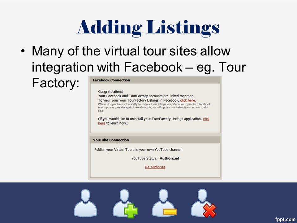 Many of the virtual tour sites allow integration with Facebook – eg. Tour Factory: Adding Listings