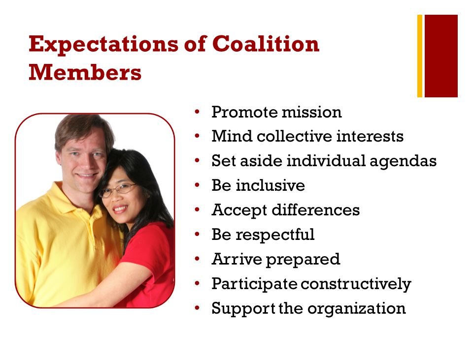 Expectations of Coalition Members Promote mission Mind collective interests Set aside individual agendas Be inclusive Accept differences Be respectful Arrive prepared Participate constructively Support the organization