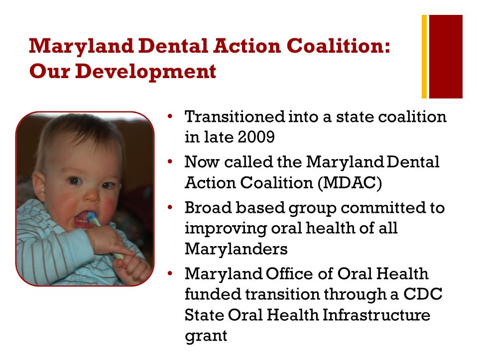Maryland Dental Action Coalition: Our Development Transitioned into a state coalition in late 2009 Now called the Maryland Dental Action Coalition (MDAC) Broad based group committed to improving oral health of all Marylanders Maryland Office of Oral Health funded transition through a CDC State Oral Health Infrastructure grant