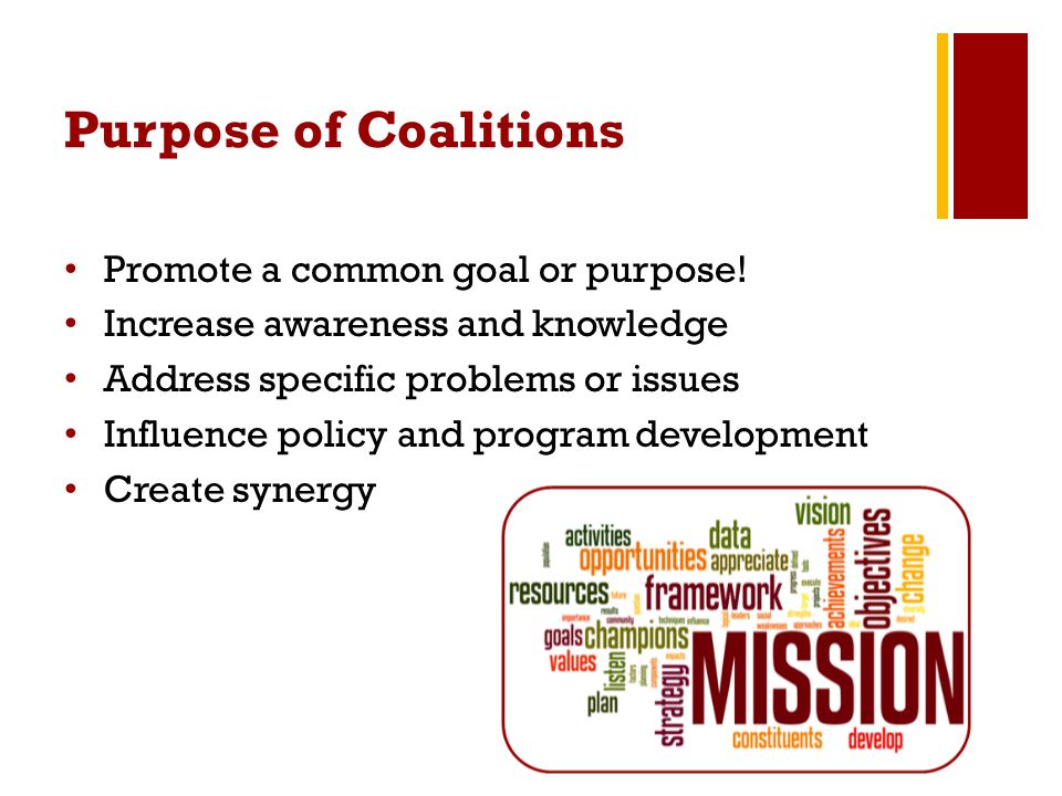 Purpose of Coalitions Promote a common goal or purpose.