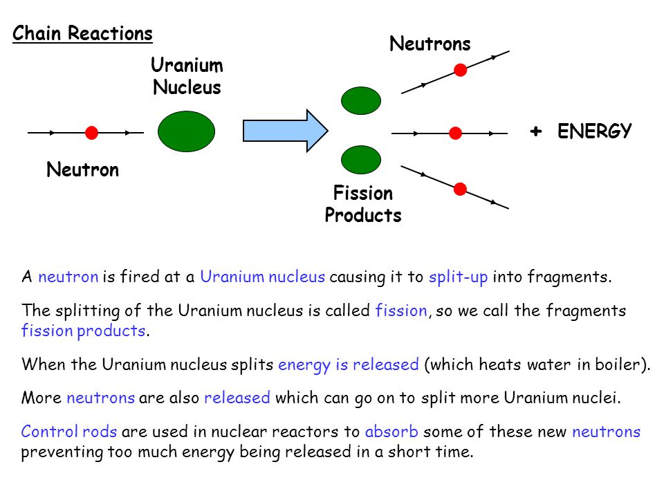 Chain Reactions Neutron Uranium Nucleus Fission Products + ENERGY Neutrons A neutron is fired at a Uranium nucleus causing it to split-up into fragments.