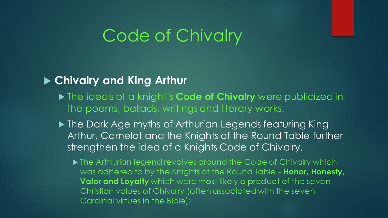 Code of Chivalry  Chivalry and King Arthur  The ideals of a knight’s Code of Chivalry were publicized in the poems, ballads, writings and literary works.