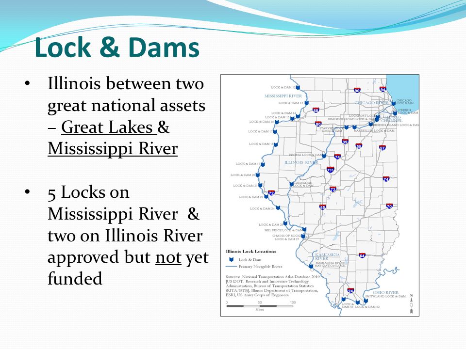 Lock & Dams Illinois between two great national assets – Great Lakes & Mississippi River 5 Locks on Mississippi River & two on Illinois River approved but not yet funded