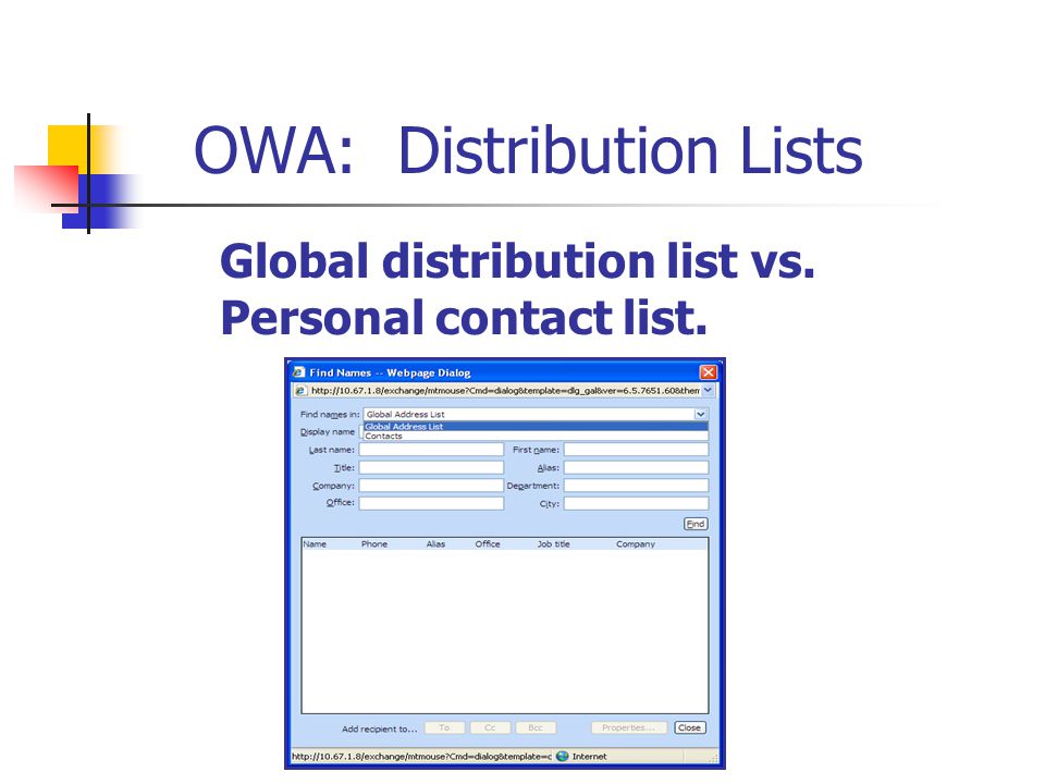 OWA: Distribution Lists Global distribution list vs. Personal contact list.