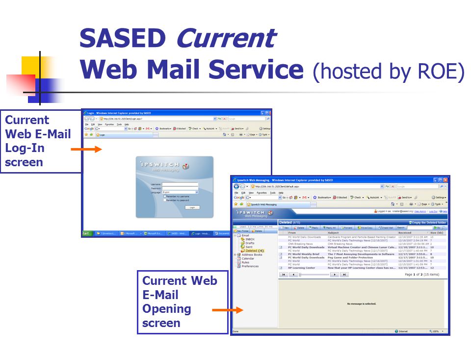 SASED Current Web Mail Service (hosted by ROE) Current Web  Log-In screen Current Web  Opening screen