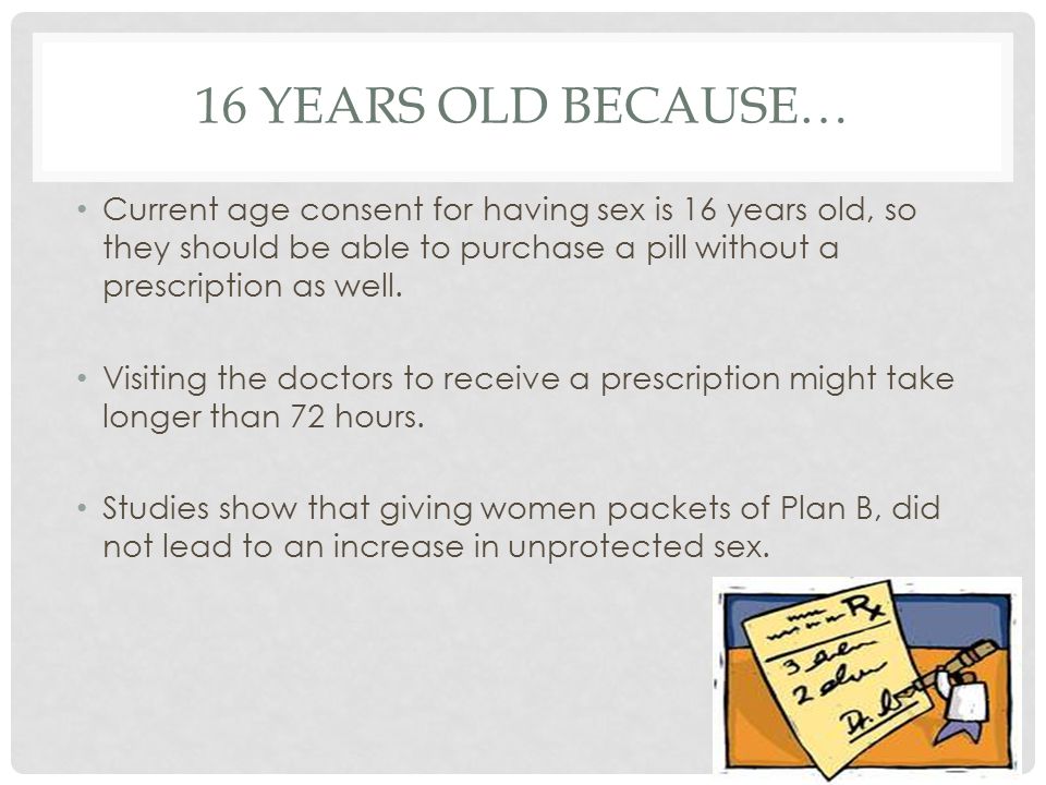 16 YEARS OLD BECAUSE… Current age consent for having sex is 16 years old, so they should be able to purchase a pill without a prescription as well.