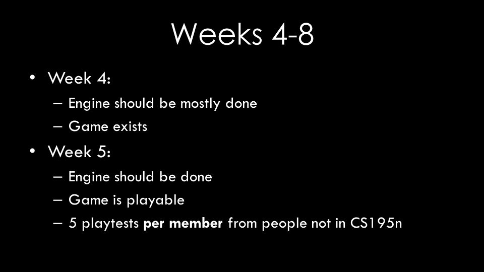 Weeks 4-8 Week 4: – Engine should be mostly done – Game exists Week 5: – Engine should be done – Game is playable – 5 playtests per member from people not in CS195n