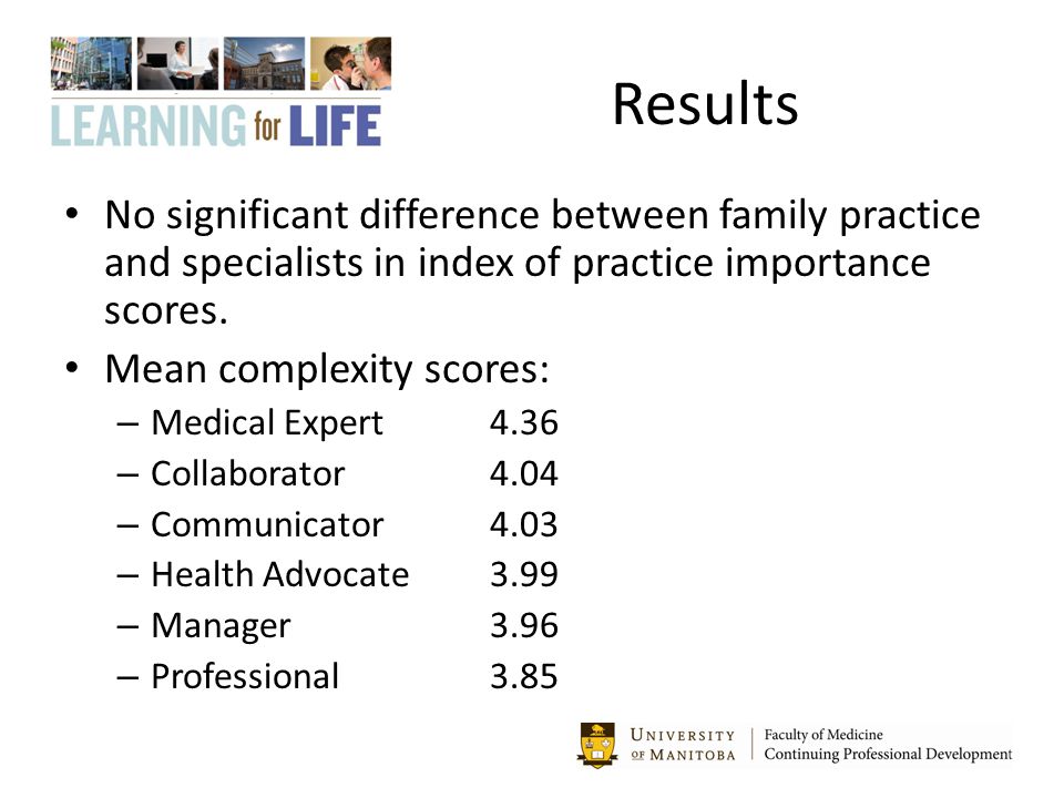 Results No significant difference between family practice and specialists in index of practice importance scores.