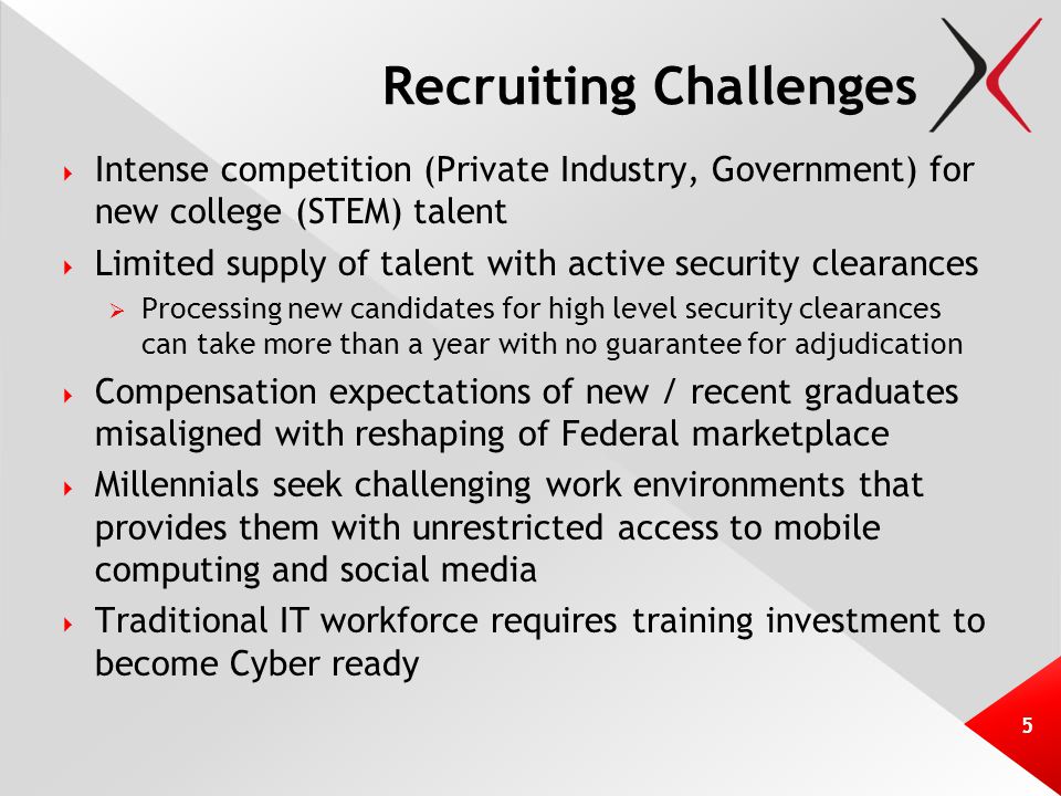 Recruiting Challenges  Intense competition (Private Industry, Government) for new college (STEM) talent  Limited supply of talent with active security clearances  Processing new candidates for high level security clearances can take more than a year with no guarantee for adjudication  Compensation expectations of new / recent graduates misaligned with reshaping of Federal marketplace  Millennials seek challenging work environments that provides them with unrestricted access to mobile computing and social media  Traditional IT workforce requires training investment to become Cyber ready 5