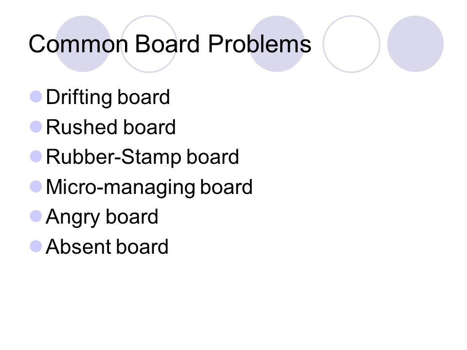 Common Board Problems Drifting board Rushed board Rubber-Stamp board Micro-managing board Angry board Absent board