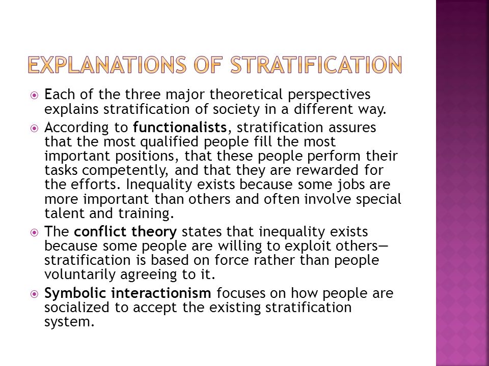 Each of the three major theoretical perspectives explains stratification of society in a different way.