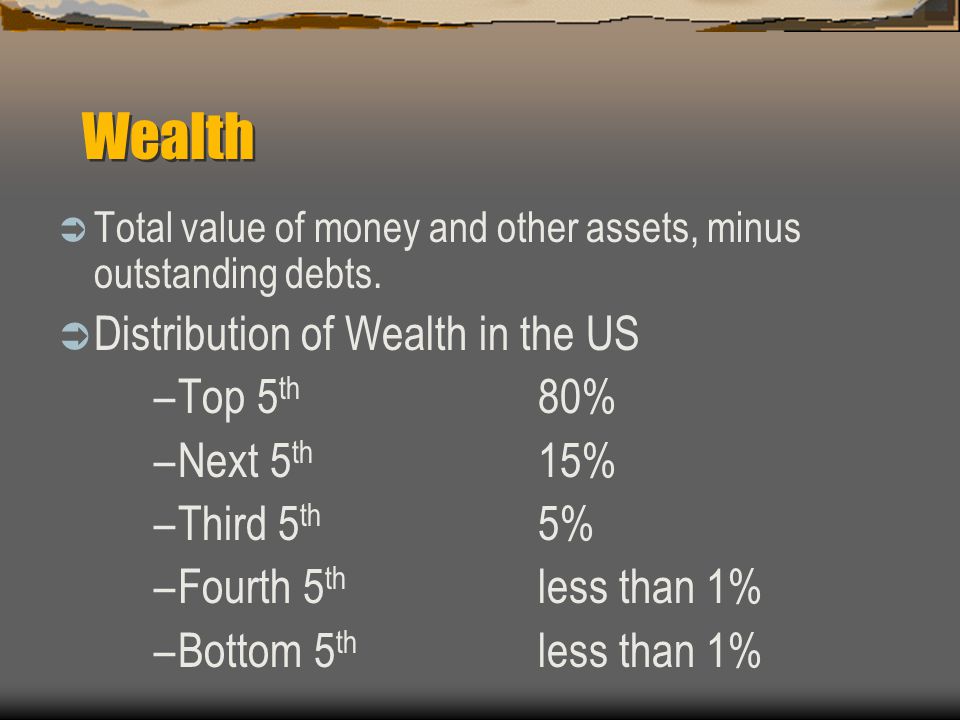 Wealth  Total value of money and other assets, minus outstanding debts.