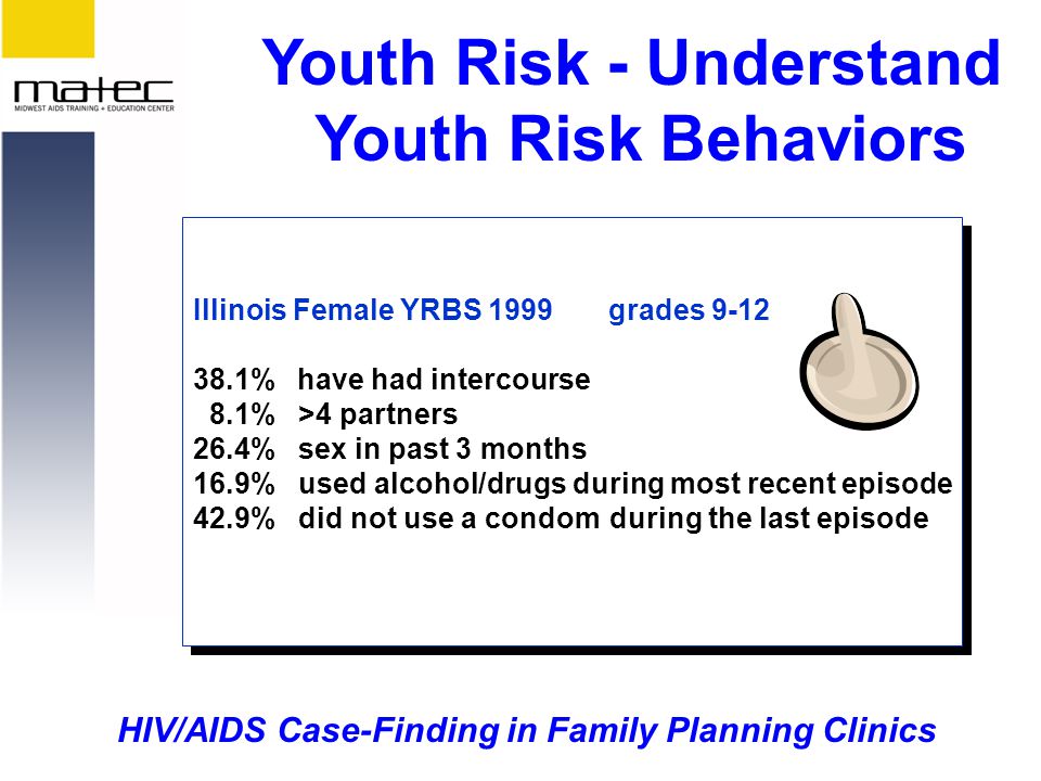 HIV/AIDS Case-Finding in Family Planning Clinics Illinois Female YRBS 1999 grades %have had intercourse 8.1% >4 partners 26.4% sex in past 3 months 16.9% used alcohol/drugs during most recent episode 42.9% did not use a condom during the last episode Illinois Female YRBS 1999 grades %have had intercourse 8.1% >4 partners 26.4% sex in past 3 months 16.9% used alcohol/drugs during most recent episode 42.9% did not use a condom during the last episode Youth Risk - Understand Youth Risk Behaviors