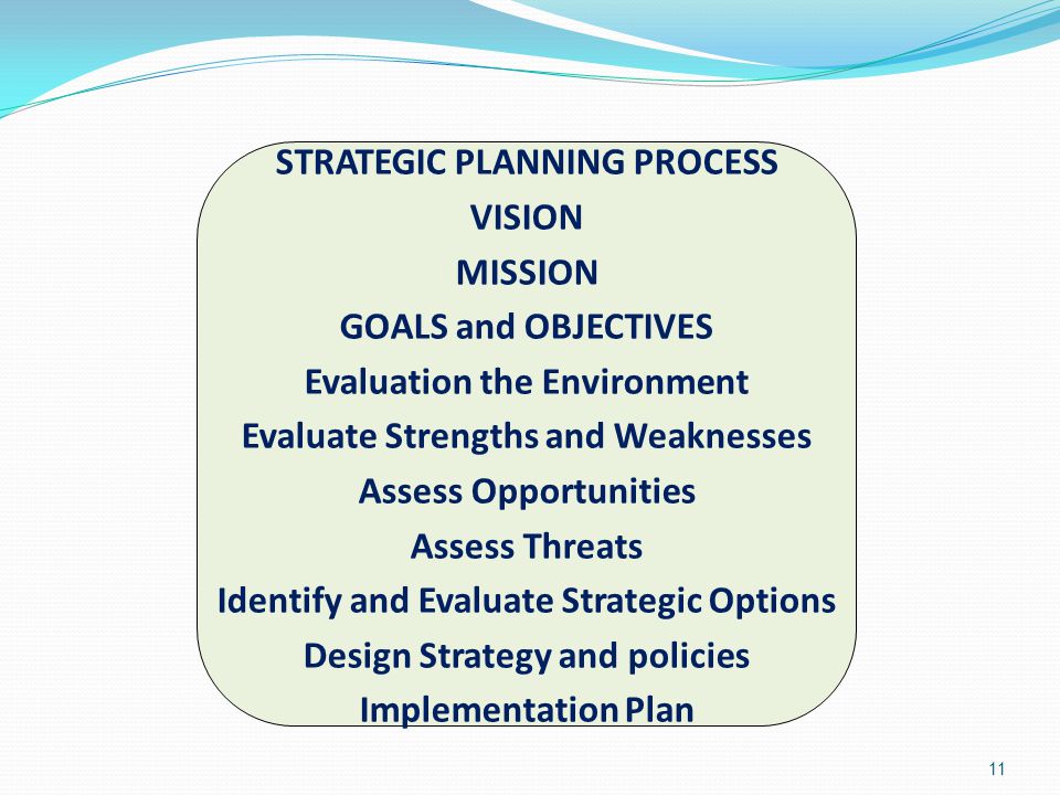 11 STRATEGIC PLANNING PROCESS VISION MISSION GOALS and OBJECTIVES Evaluation the Environment Evaluate Strengths and Weaknesses Assess Opportunities Assess Threats Identify and Evaluate Strategic Options Design Strategy and policies Implementation Plan
