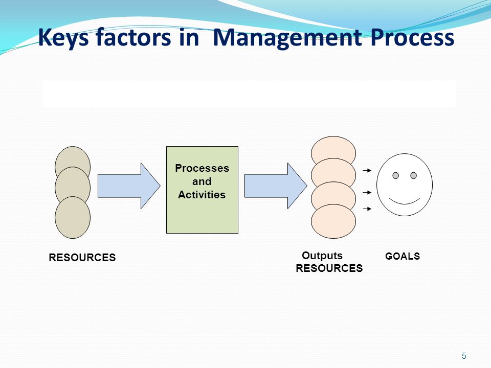 5 Processes and Activities RESOURCES Outputs RESOURCES GOALS Keys factors in Management Process