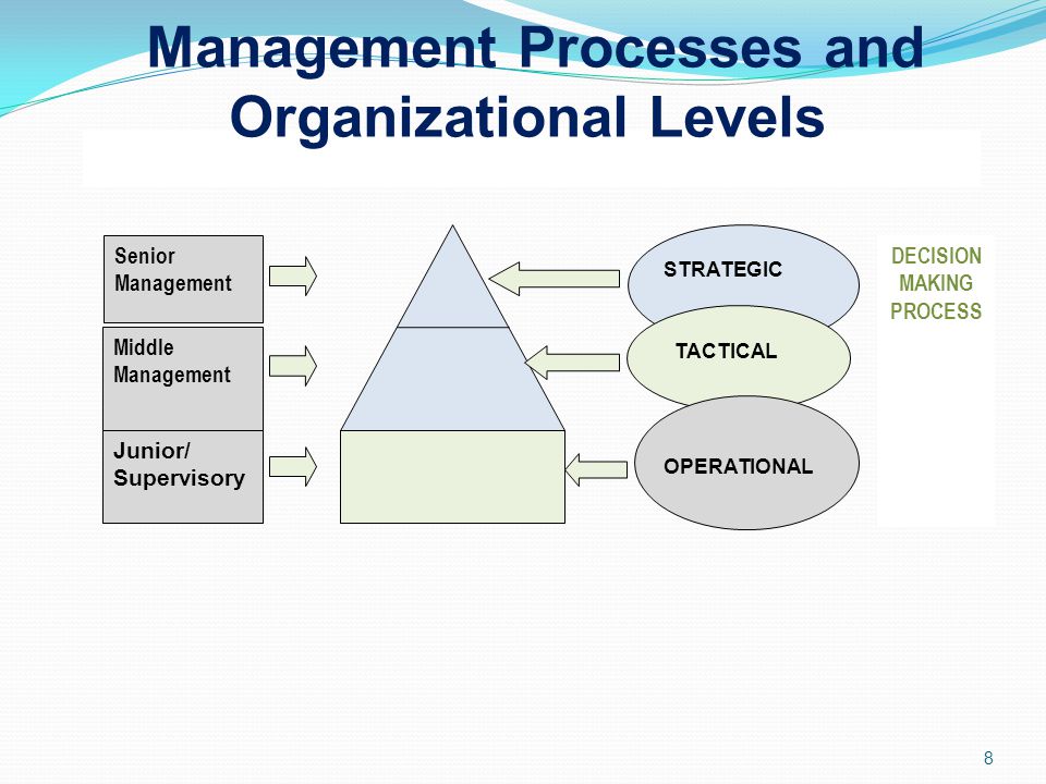 8 STRATEGIC TACTICAL OPERATIONAL DECISION MAKING PROCESS Senior Management Middle Management Junior/ Supervisory Management Processes and Organizational Levels