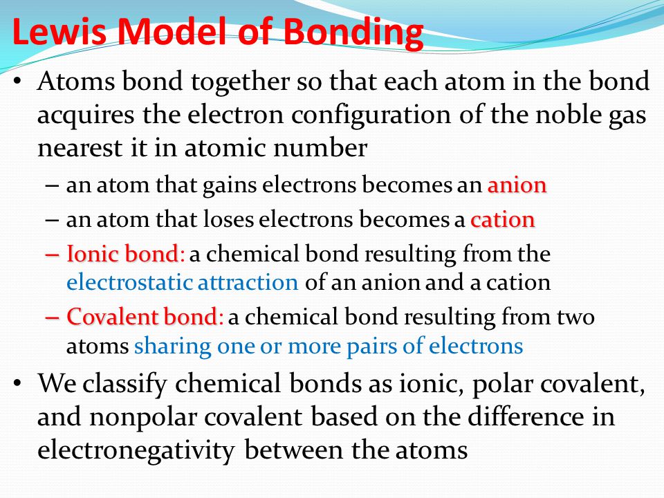 Lewis Model of Bonding Atoms bond together so that each atom in the bond acquires the electron configuration of the noble gas nearest it in atomic number anion – an atom that gains electrons becomes an anion cation – an atom that loses electrons becomes a cation – Ionic bond – Ionic bond: a chemical bond resulting from the electrostatic attraction of an anion and a cation – Covalent bond – Covalent bond: a chemical bond resulting from two atoms sharing one or more pairs of electrons We classify chemical bonds as ionic, polar covalent, and nonpolar covalent based on the difference in electronegativity between the atoms