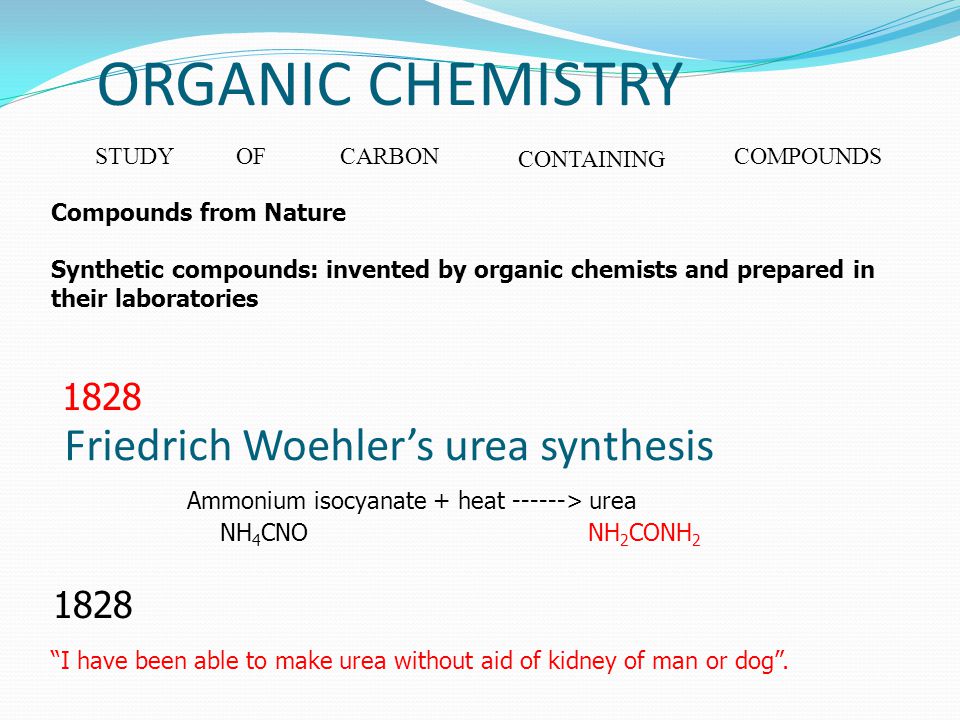 ORGANIC CHEMISTRY STUDYOFCARBON CONTAINING COMPOUNDS Compounds from Nature Synthetic compounds: invented by organic chemists and prepared in their laboratories Friedrich Woehler’s urea synthesis Ammonium isocyanate + heat > urea NH 4 CNONH 2 CONH 2 I have been able to make urea without aid of kidney of man or dog .