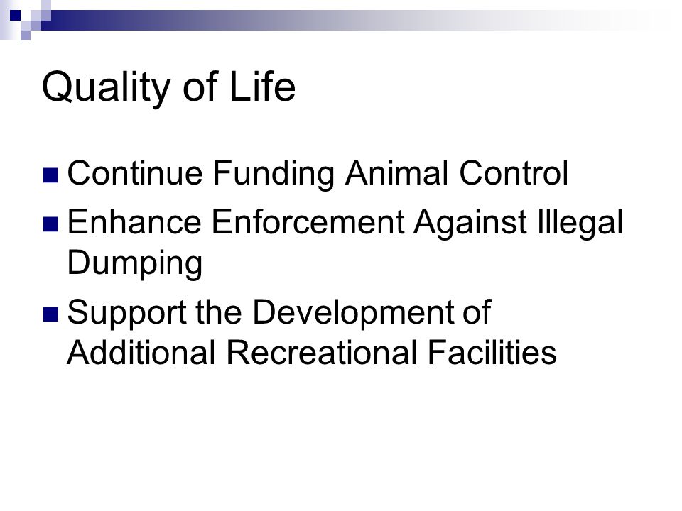 Quality of Life Continue Funding Animal Control Enhance Enforcement Against Illegal Dumping Support the Development of Additional Recreational Facilities