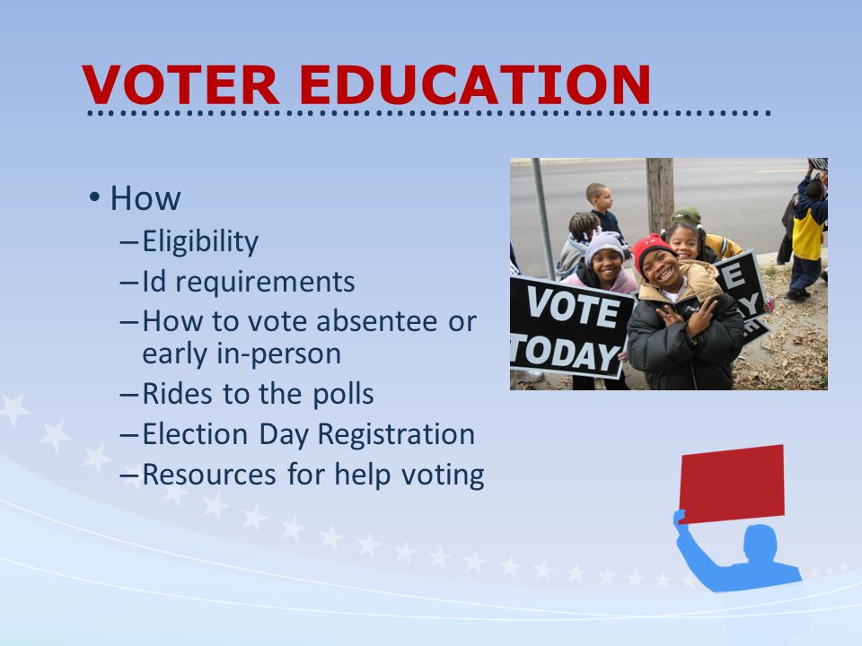 VOTER EDUCATION How – Eligibility – Id requirements – How to vote absentee or early in-person – Rides to the polls – Election Day Registration – Resources for help voting …………………..……………………………..….