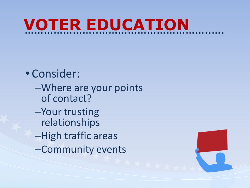 VOTER EDUCATION Consider: – Where are your points of contact.