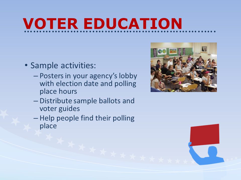 VOTER EDUCATION Sample activities: – Posters in your agency’s lobby with election date and polling place hours – Distribute sample ballots and voter guides – Help people find their polling place …………………..……………………………..….