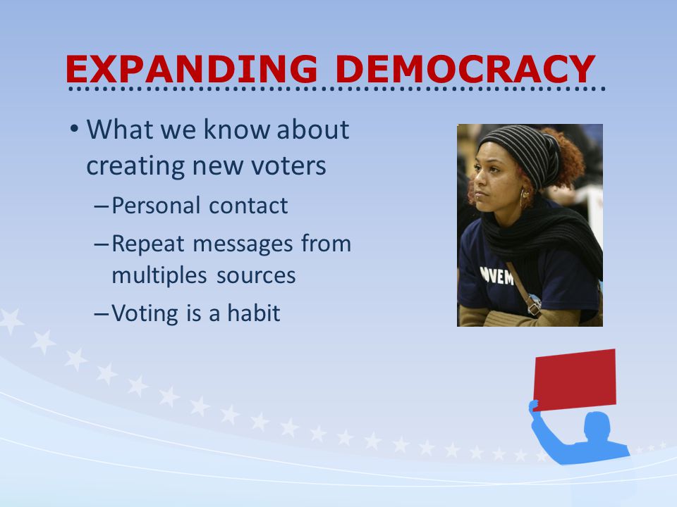 EXPANDING DEMOCRACY What we know about creating new voters – Personal contact – Repeat messages from multiples sources – Voting is a habit …………………..……………………………..….
