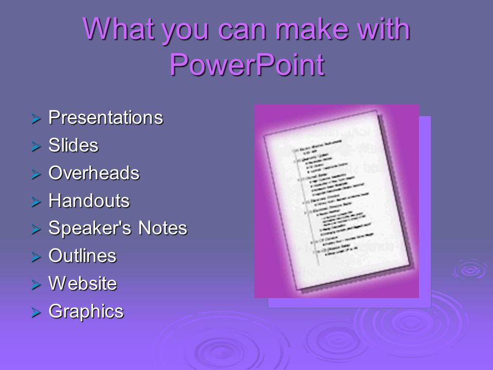 What you can make with PowerPoint  Presentations  Slides  Overheads  Handouts  Speaker s Notes  Outlines  Website  Graphics