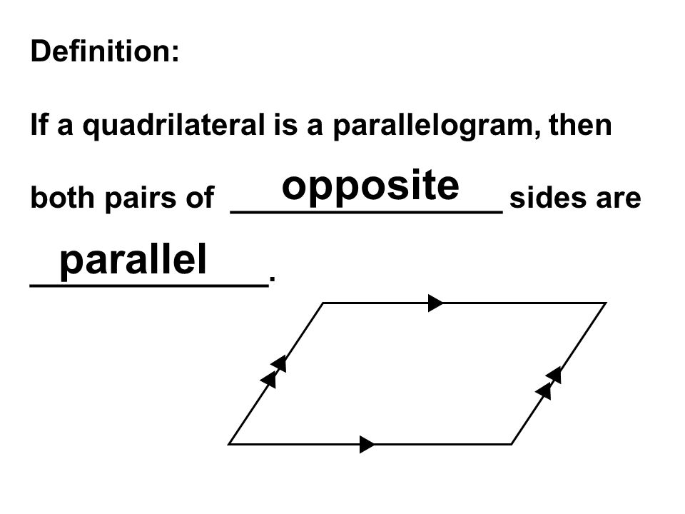 Definition: If a quadrilateral is a parallelogram, then both pairs of ________________ sides are ______________.
