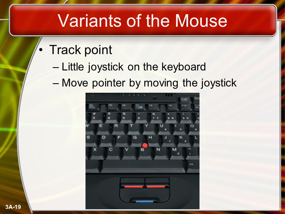 3A-19 Variants of the Mouse Track point –Little joystick on the keyboard –Move pointer by moving the joystick
