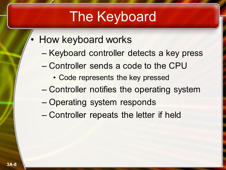 3A-8 The Keyboard How keyboard works –Keyboard controller detects a key press –Controller sends a code to the CPU Code represents the key pressed –Controller notifies the operating system –Operating system responds –Controller repeats the letter if held