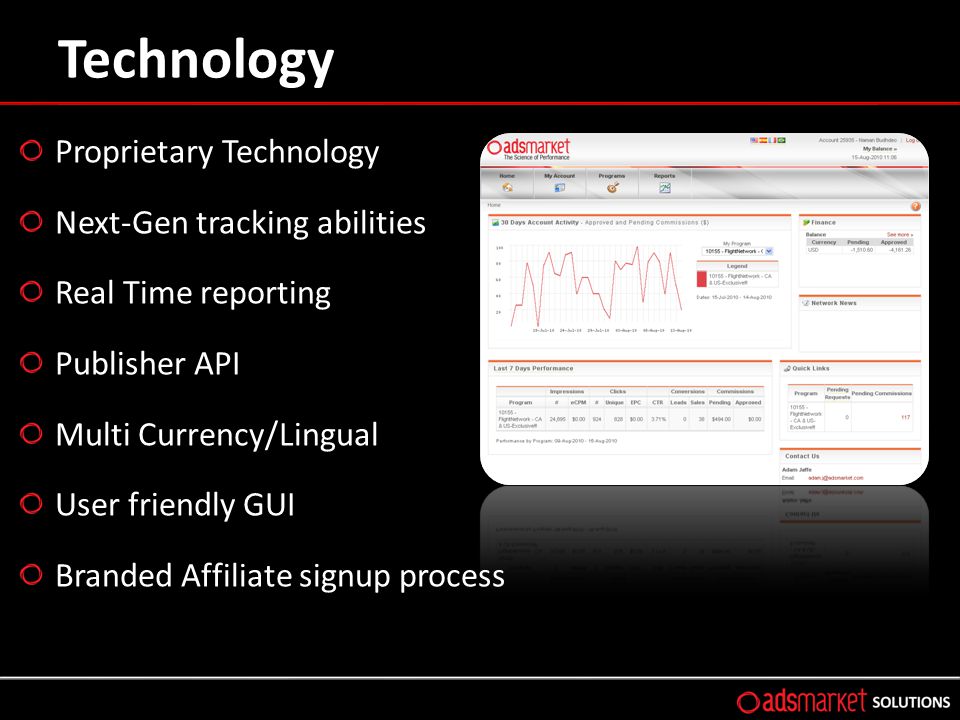 Technology Proprietary Technology Next-Gen tracking abilities Real Time reporting Publisher API Multi Currency/Lingual User friendly GUI Branded Affiliate signup process