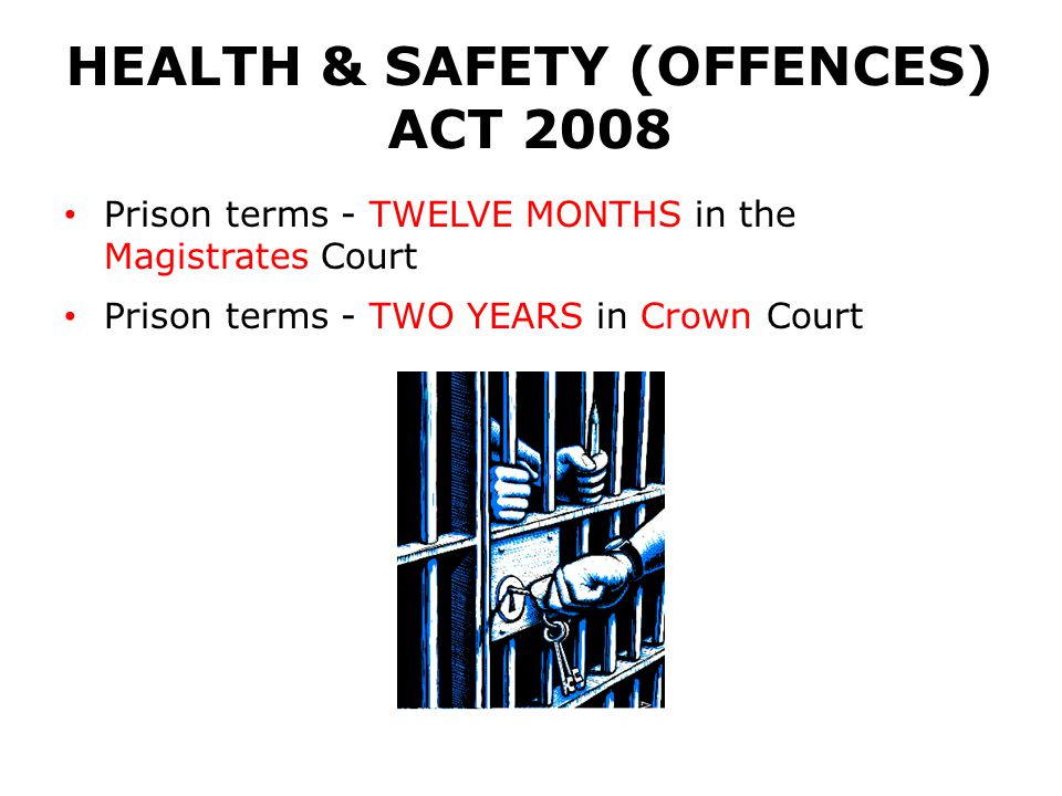 Prison terms - TWELVE MONTHS in the Magistrates Court Prison terms - TWO YEARS in Crown Court HEALTH & SAFETY (OFFENCES) ACT 2008