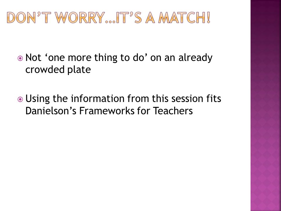  Not ‘one more thing to do’ on an already crowded plate  Using the information from this session fits Danielson’s Frameworks for Teachers