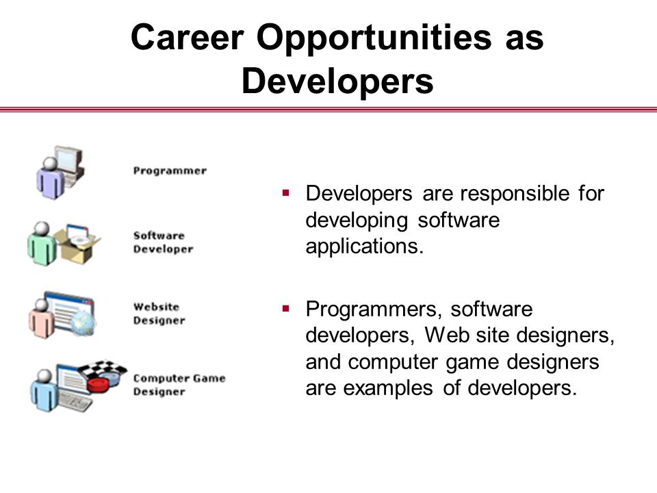 Career Opportunities as Developers  Developers are responsible for developing software applications.
